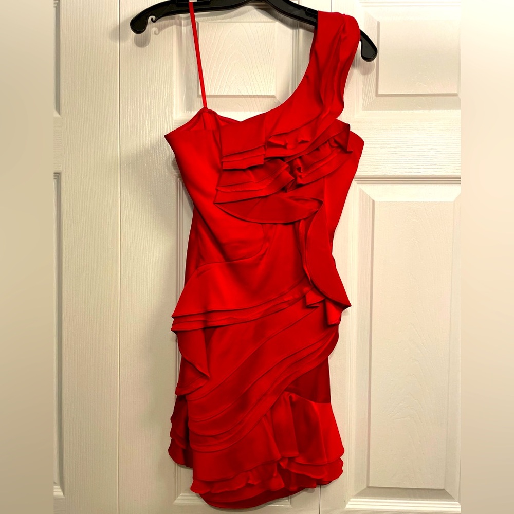 BCBGMAXAZRIA One-shoulder Red Ruffle Cocktail Dress Size 0